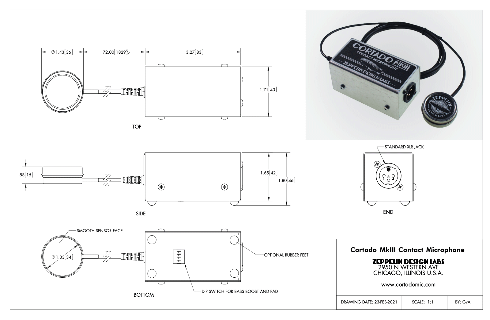 Cortado MkIII Contact Microphone Dimensions Sheet